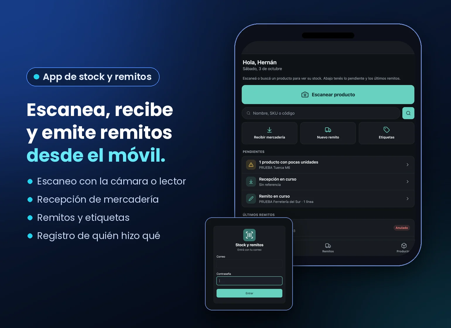 App de stock y remitos: escaneo, recepción de mercadería y remitos desde el móvil